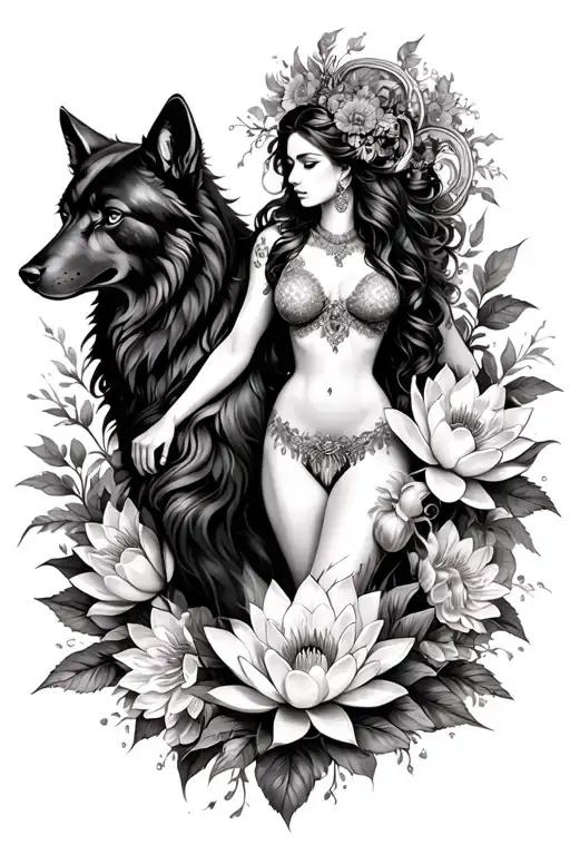 Aries sexy goddess surrounded by poeny and lotus flowers and black wolf  tattoo design idea