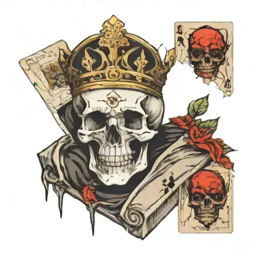  a cracked skull,  the emperor tarot card, burned throne tattoo design idea