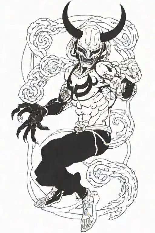 anime character full body wearing a oni mask fighting off inner demons with minimal black areas tattoo design idea