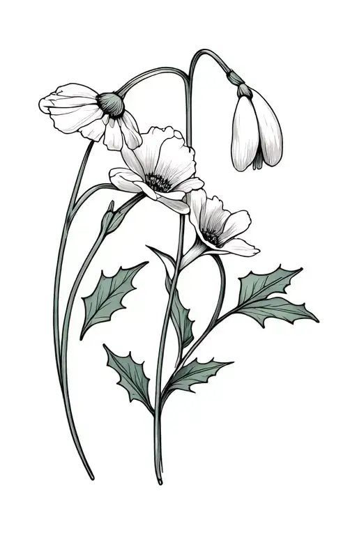 fineline flowers intertwined (snowdrop, poppy and holly) tattoo design idea