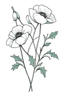 fineline flowers intertwined (snowdrop, poppy and holly) tattoo design idea