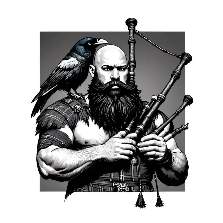 bald bagpiper with black beard with crow featherd muscular body with a mans head and hands playing blackbagpipes tattoo design idea