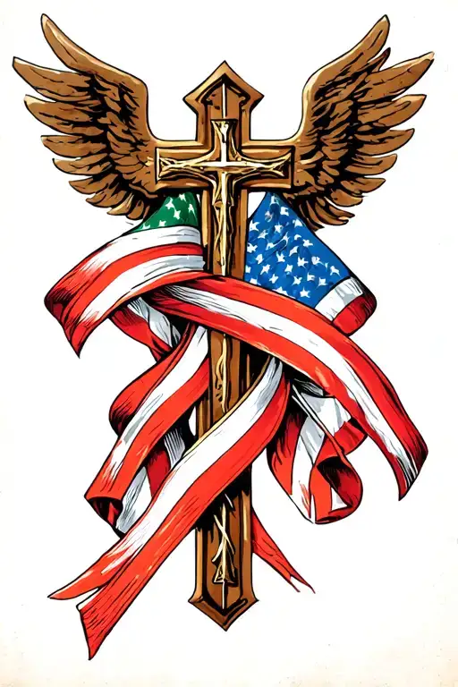 catholic cross wrapped in italian american flags ribbon action tattoo design idea
