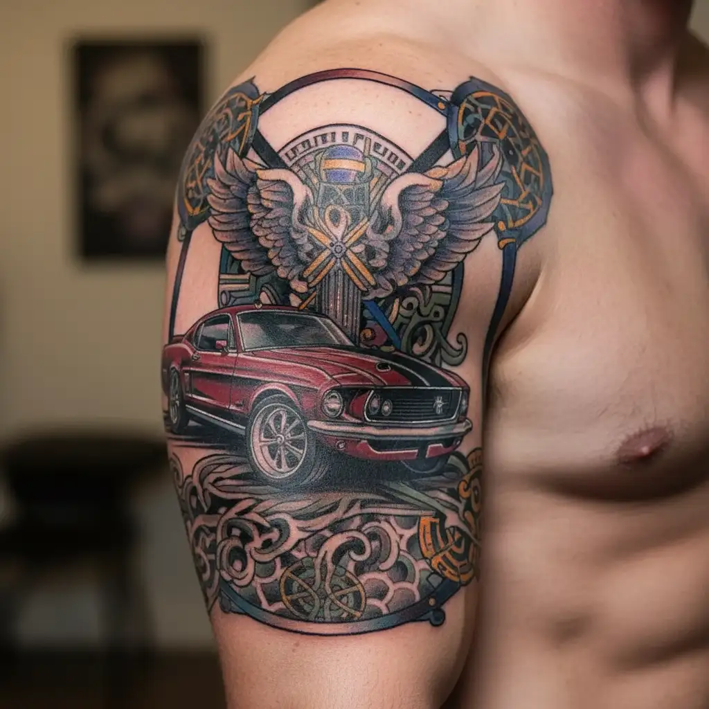 Christian cross and a 1969 ford mustang mach 1 tattoo design idea