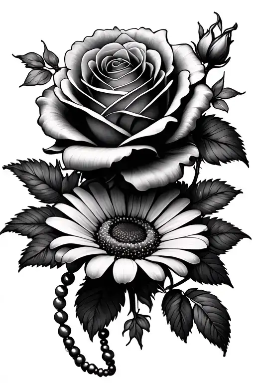 roses daisies beads intertwined tattoo design idea
