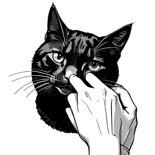 minimalist singleline sketch The outline of a cat’s head flows into an outstretched finger touching the cats head tattoo design idea