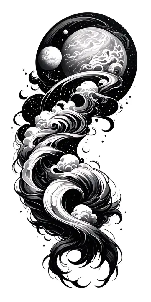 spiral, swirl, clouds, planet, space, time, woman tattoo design idea