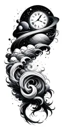 spiral, swirl, clouds, planet, space, time, woman tattoo design idea