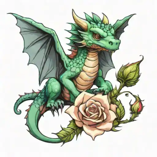 a baby dragon curled around a rose bud, a half-grown dragon stretching his wings and a rose that just started to bloom,  tattoo design idea