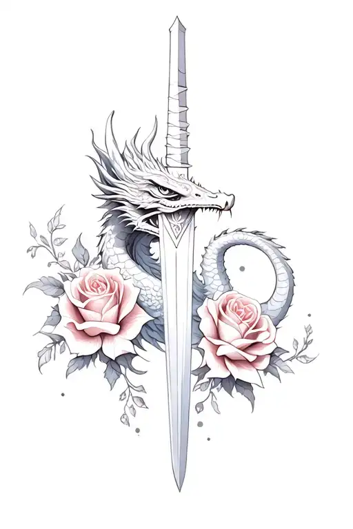 dragon and dagger and roses tattoo design idea