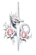 dragon and dagger and roses tattoo design idea
