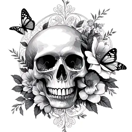 infinity symbol behind, skull, flowers and butterflies  tattoo design idea