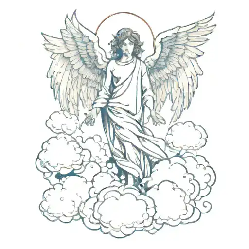angel surrounded by clouds, leaving earth and looking back to you tattoo design idea