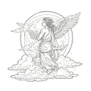 angel surrounded by clouds, leaving earth and looking back to you tattoo design idea