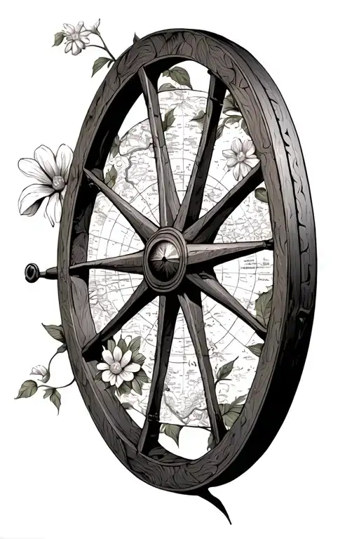 Roma wagon wheel with flowers and compass and map  tattoo design idea