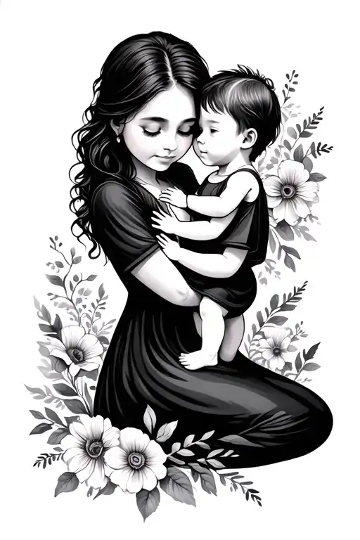 A mother holding a baby girl while little boy hugs mom and floral around tattoo design idea