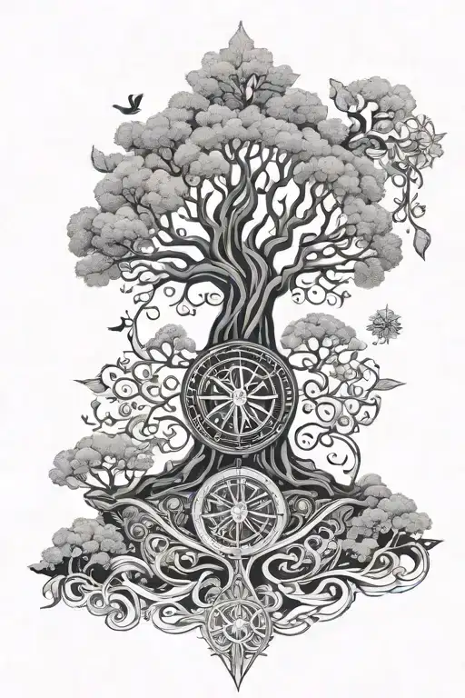 Nordic tree of life surrounding Nordic compass intertwined tattoo design idea