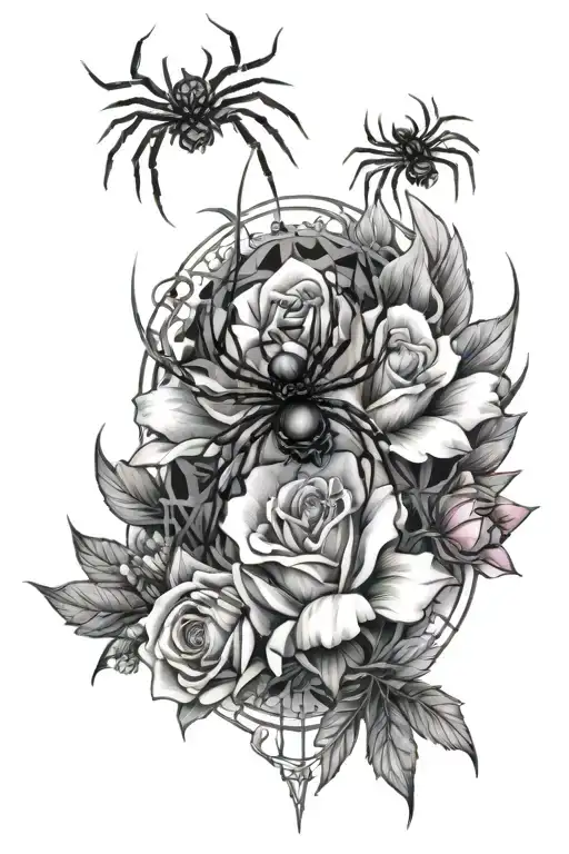 spiders and flowers with cobwebs  tattoo design idea