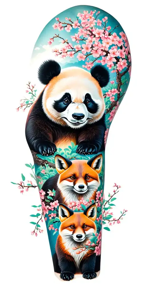 Japanese inspired arm sleeve tattoo featuring pandas, foxes, and cherry blossoms  tattoo design idea