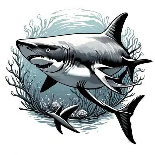 underwater coral reef saltwater ocean sharks chasing each other tattoo design idea