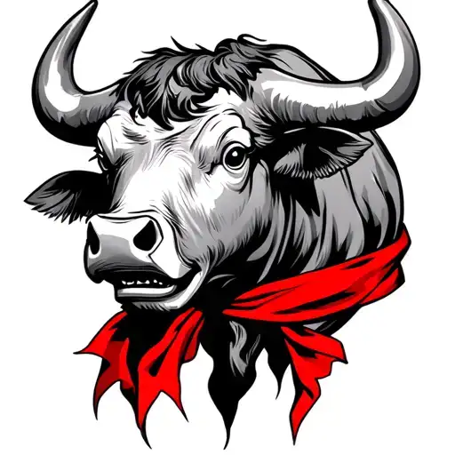 charging bulls face with red scarf tattoo design idea