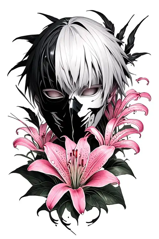 kaneki mask with pink spider lily and centipede crawling tattoo design idea