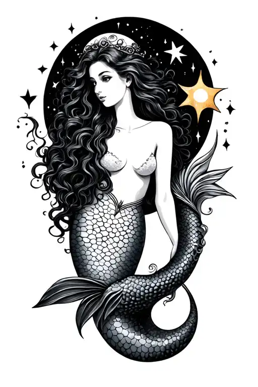 "Kimberly" curly mermaid sun moon stars tattoo design idea