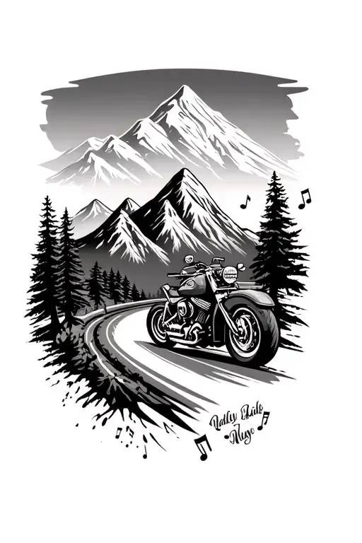 A tattoo design of a mountain landscape with a winding road, a Harley-Davidson motorcycle, and musical notes to represent your love for riding through the mountains and music tattoo design idea