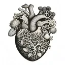 organ heart aorta arteries shaped with sea shells corals grapes tree roots vines tattoo design idea