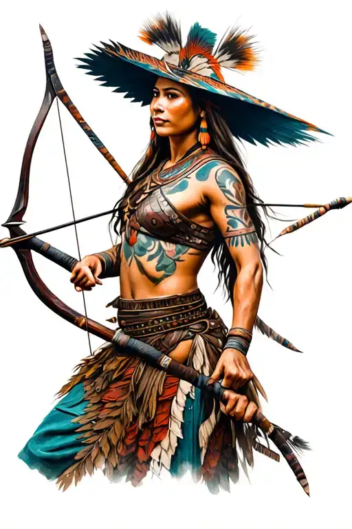 Mikmaq Warrior bow and arrow Lady with mikmaq hat surrounded tattoo design idea