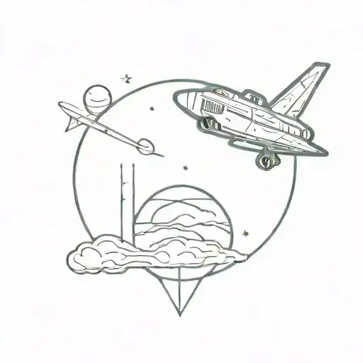 In the space a planet can be view from a distance, it has the word "vita" written on it.A spaceship approaches the plane tattoo design idea