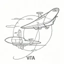 In the space a planet can be view from a distance, it has the word "vita" written on it.A spaceship approaches the plane tattoo design idea