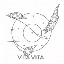 In the space a planet can be view from a distance, it has the word "vita" written on it.A spaceship approaches the plane tattoo design idea