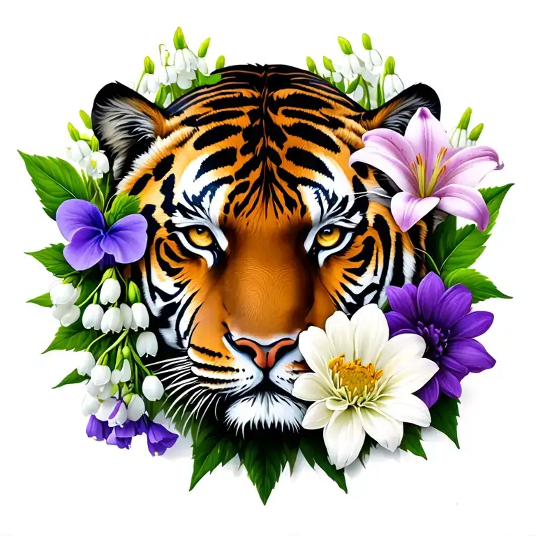 Tiger face surrounded by 1 lilly of the valley flower 3 Hawthorn Blossoms 1 purple sweet pea flower 1 chrysanthemum and  tattoo design idea