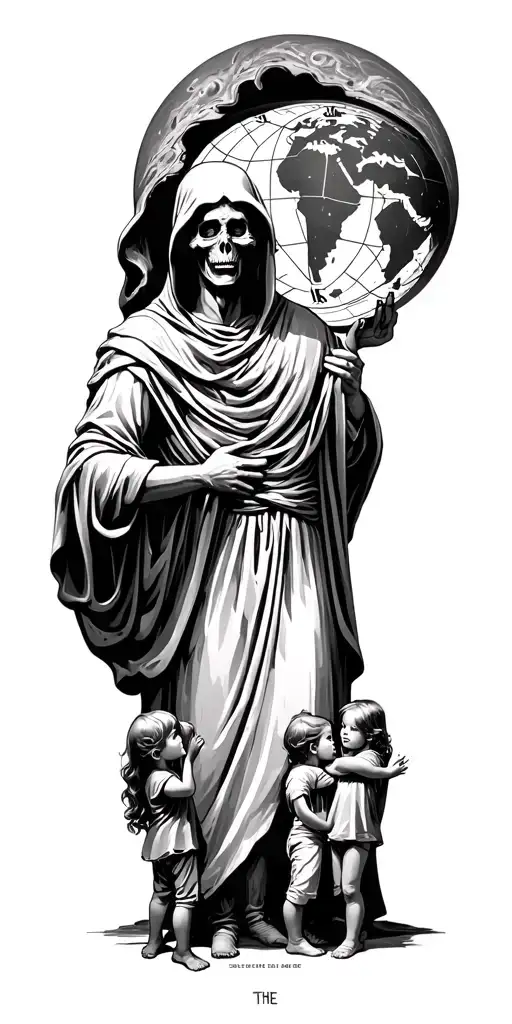 6 children, time, grim reaper, atlas holding the world on his shoulders, heavy is the crown tattoo design idea