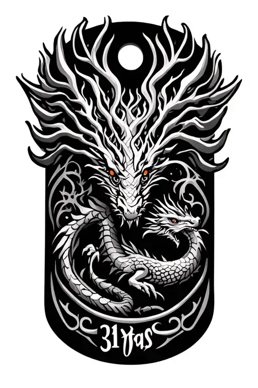 tribal, dragon, tree of life, army dog tags, military retirement 31 yeaars tattoo design idea