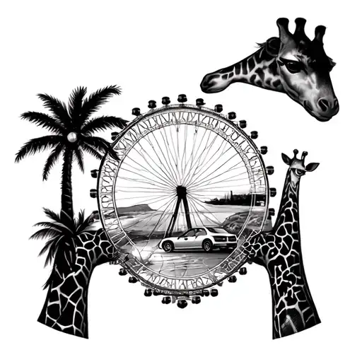 london eye surrounded beach scene with ziraffe and a car dashboard with a heart shape couple hands  tattoo design idea