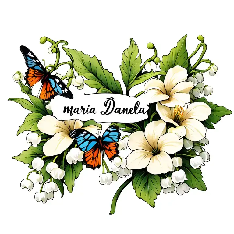 lily of the valley flower with the name "maria Daniela" in script and there is habbiscus flowers with butterflies  tattoo design idea