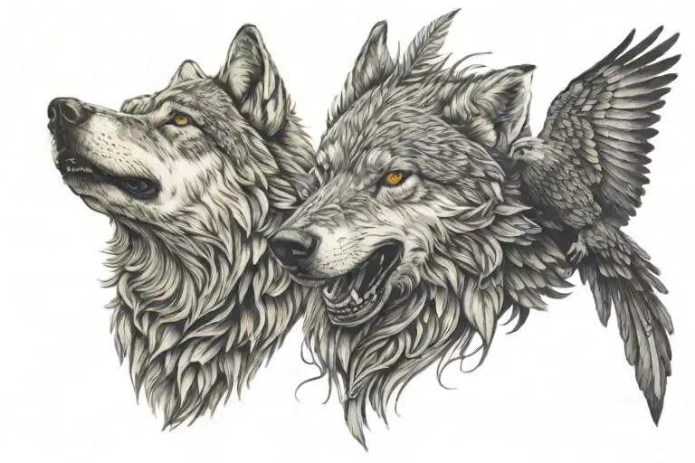 Head of a wolf transforming into head of a bird tattoo design idea