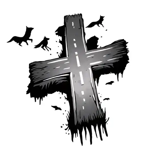 Stylized Crossroads with Shadows Design: A forked road with shadowy figures (spirits, dogs, or owls) peering from the pa tattoo design idea