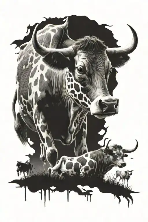 cow abduction scene with intricate alien tattoo design idea