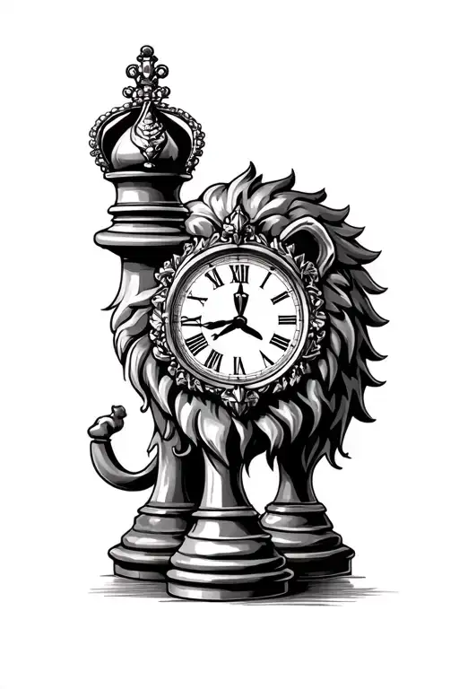 queen chess piece clock lion tattoo design idea