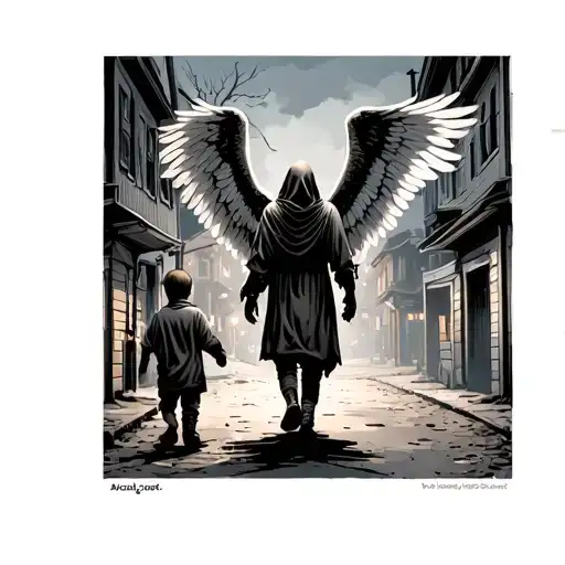 Angel of death in hood walking away leading 5 year old boy away on a dimly lit street. View from behind. Single street l tattoo design idea