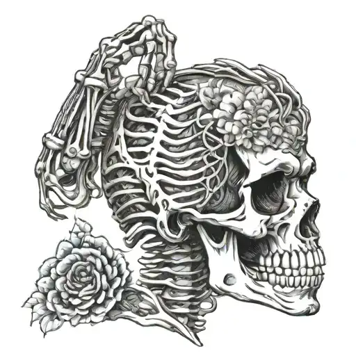 The girl touches the skeleton's face with a kabuto and skin begins to appear on the skeleton's face tattoo design idea