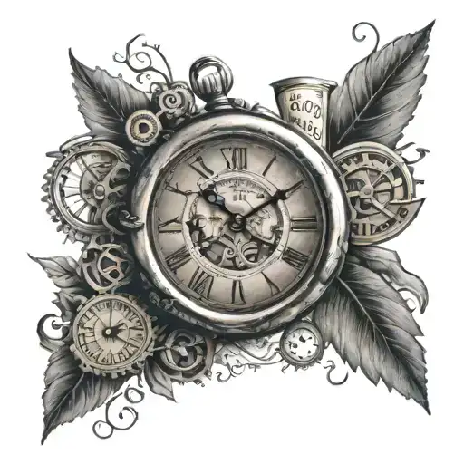 A clock with intricate details and the quote 'Time Heals All Wounds' tattoo design idea