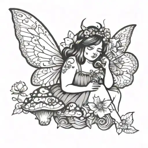 plus size fairy with  mushrooms tattoo design idea
