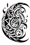 A bold, tribal blackwork tattoo with sharp geometric patterns and flowing organic lines, featuring a crescent moon and a tattoo design idea