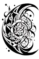 A bold, tribal blackwork tattoo with sharp geometric patterns and flowing organic lines, featuring a crescent moon and a tattoo design idea