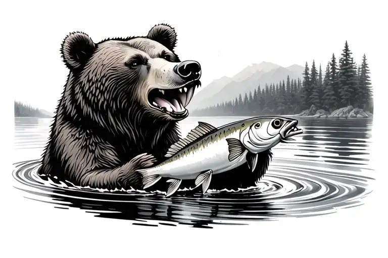 bear in river catching fish in mouth tattoo design idea