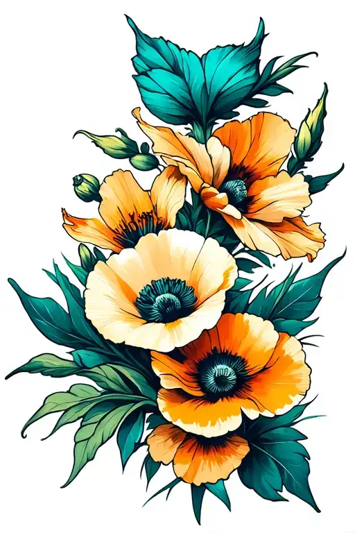 Golden and teal bold bright poppy and gladiolus flower tattoos tattoo design idea